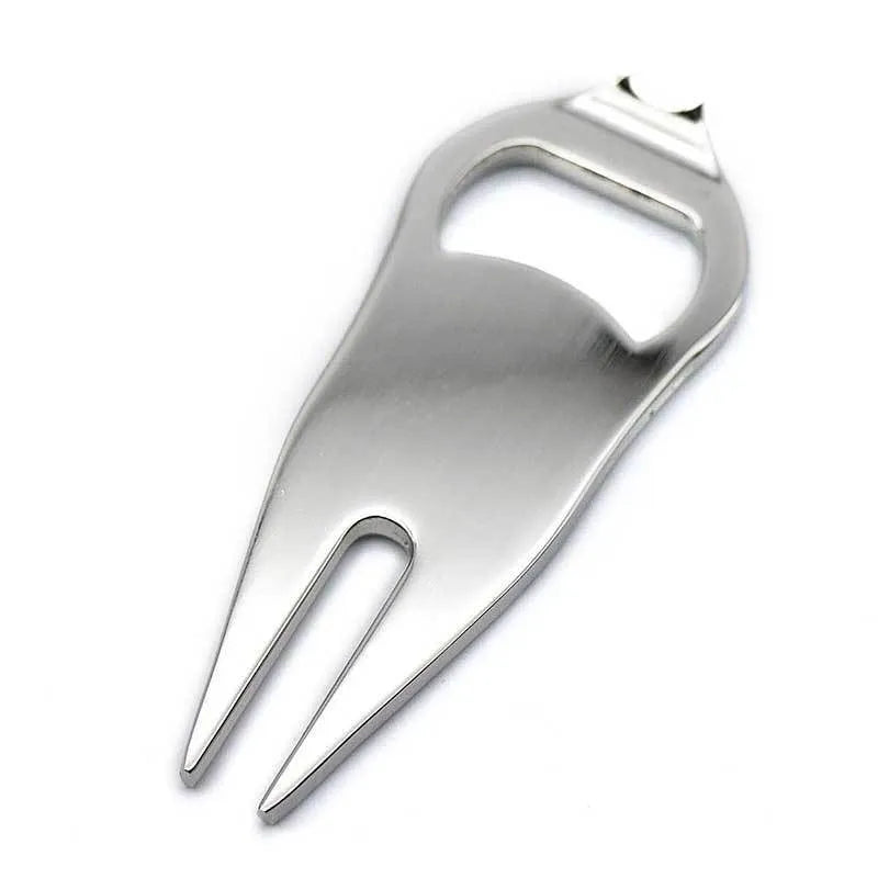 Zinc alloy golf ball marking fork with bottle opener in green, black, or silver colour options