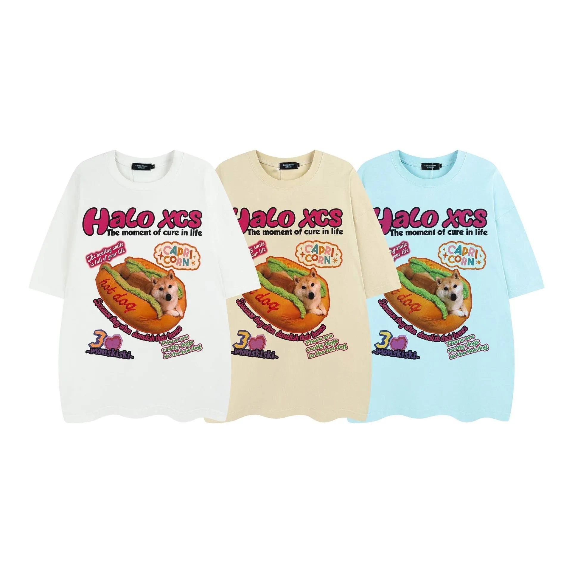 Cartoon hamburger dog printed loose fit T-shirt in apricot, sky blue, or white.