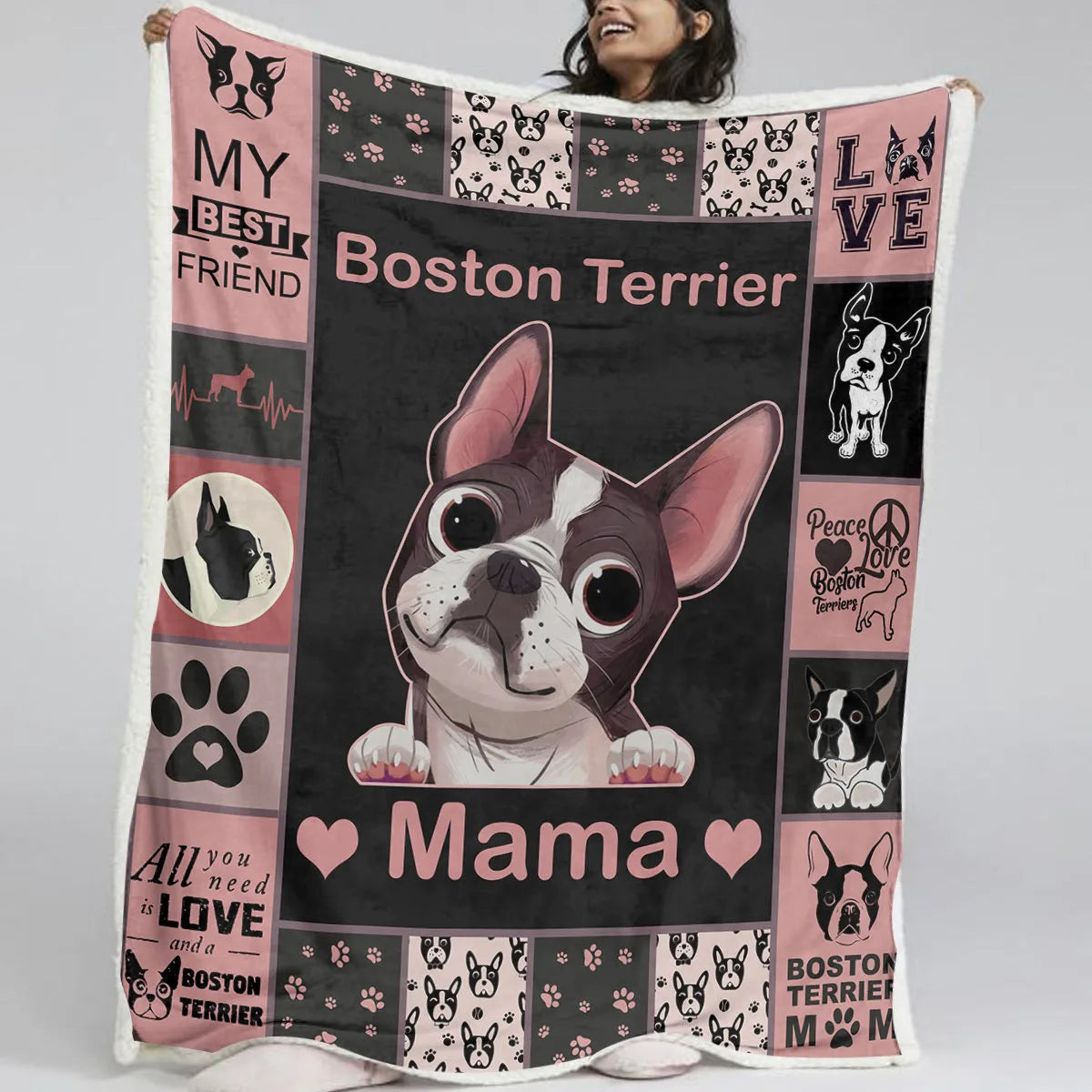 Pink dog themed lamb wool Sherpa fleece blanket on a sofa, soft and warm