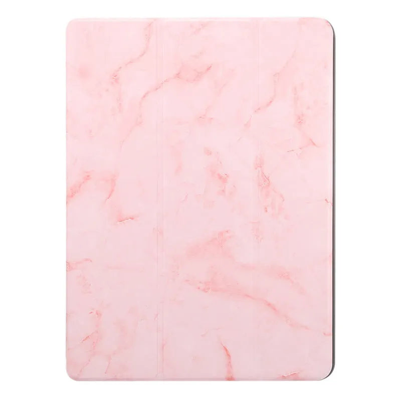 Tri-fold marbling pattern iPad case with pen slot in dark grey, creamy white, purple, blue, or pink colours