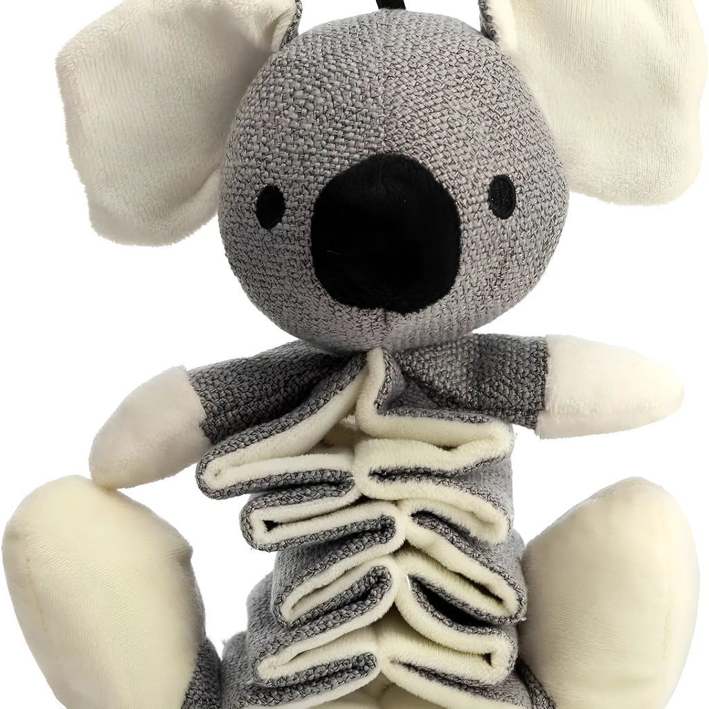 Grey koala dog chew toy with squeaker and crinkle paper, measuring 30cm long.