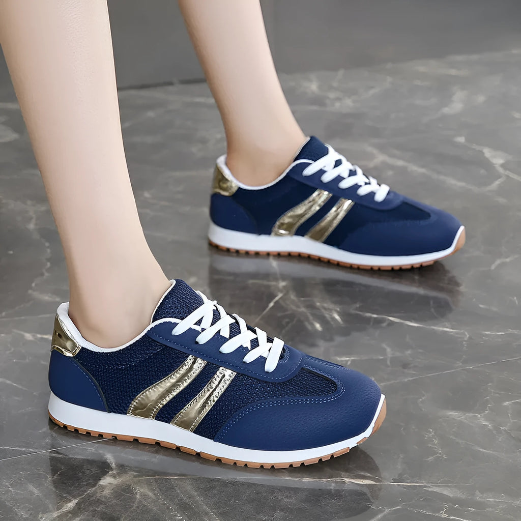 Blue women's casual tennis shoes with cross shoulder straps, round toe, and non-slip rubber soles