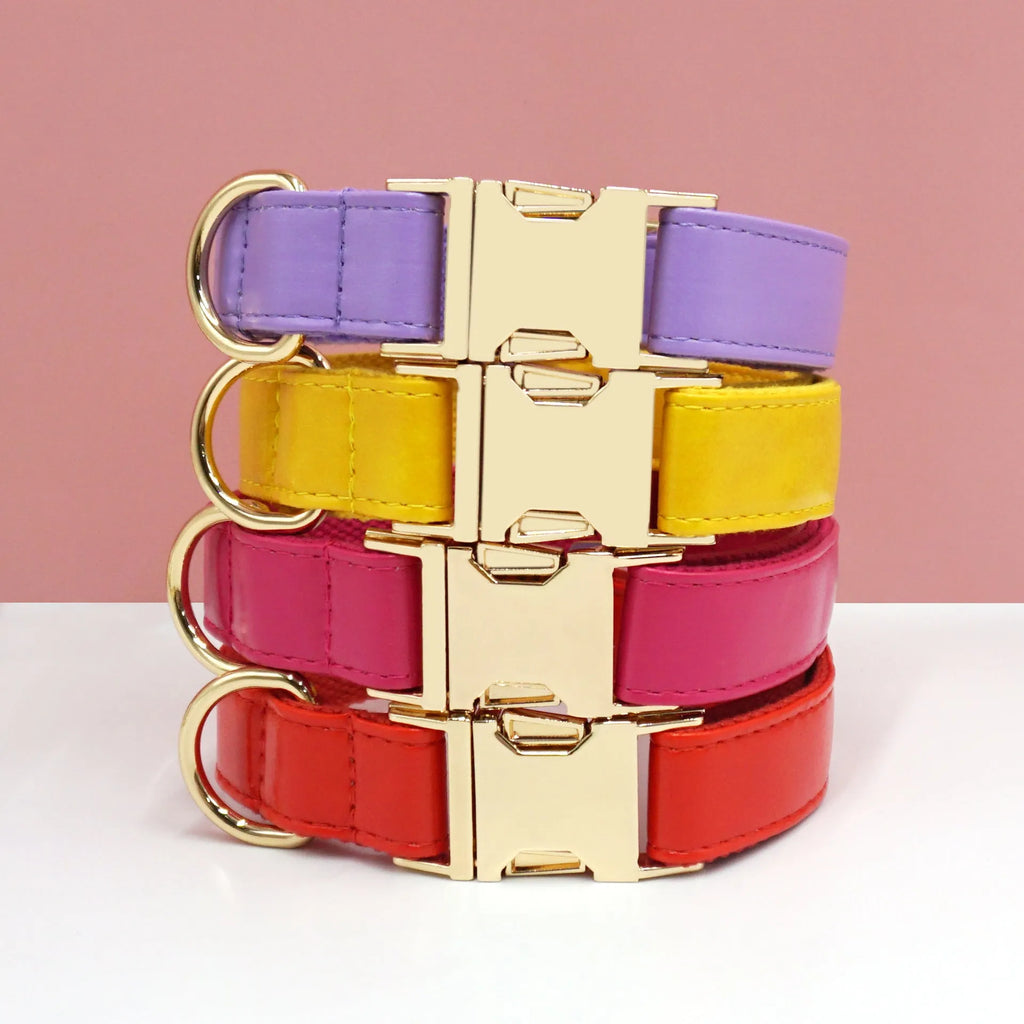 Leather dog collar with simple colour blocking design in caramel colour