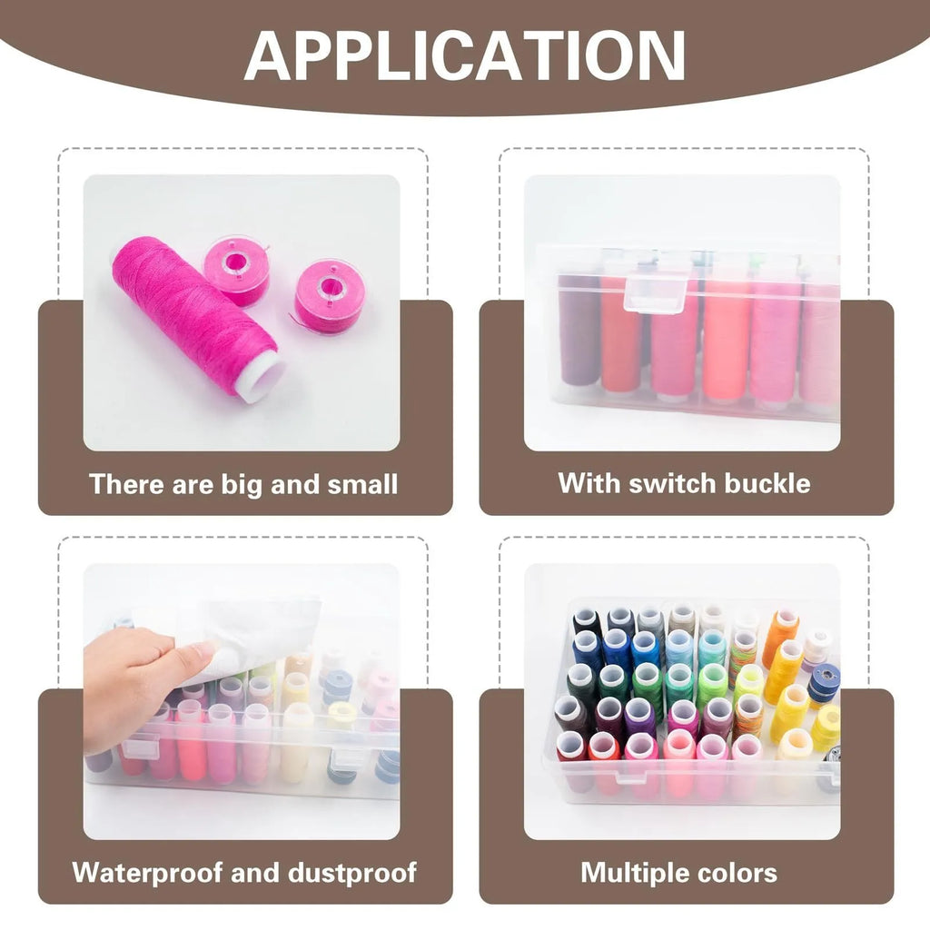 Transparent plastic storage box with 42 compartments for organising embroidery threads and sewing accessories.