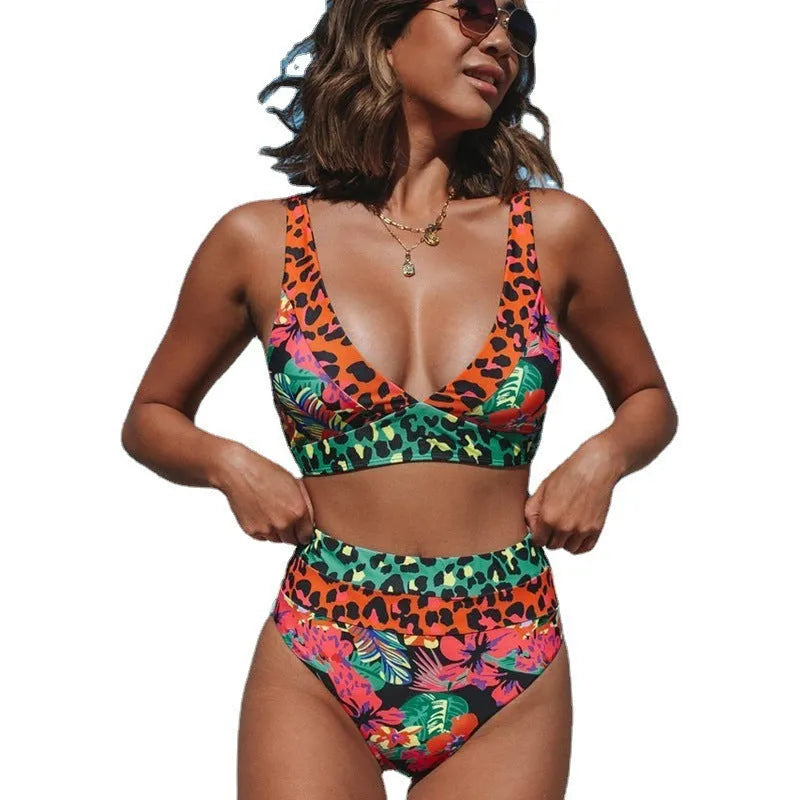 Women's floral print high waist bikini set in polyester fabric for swimming