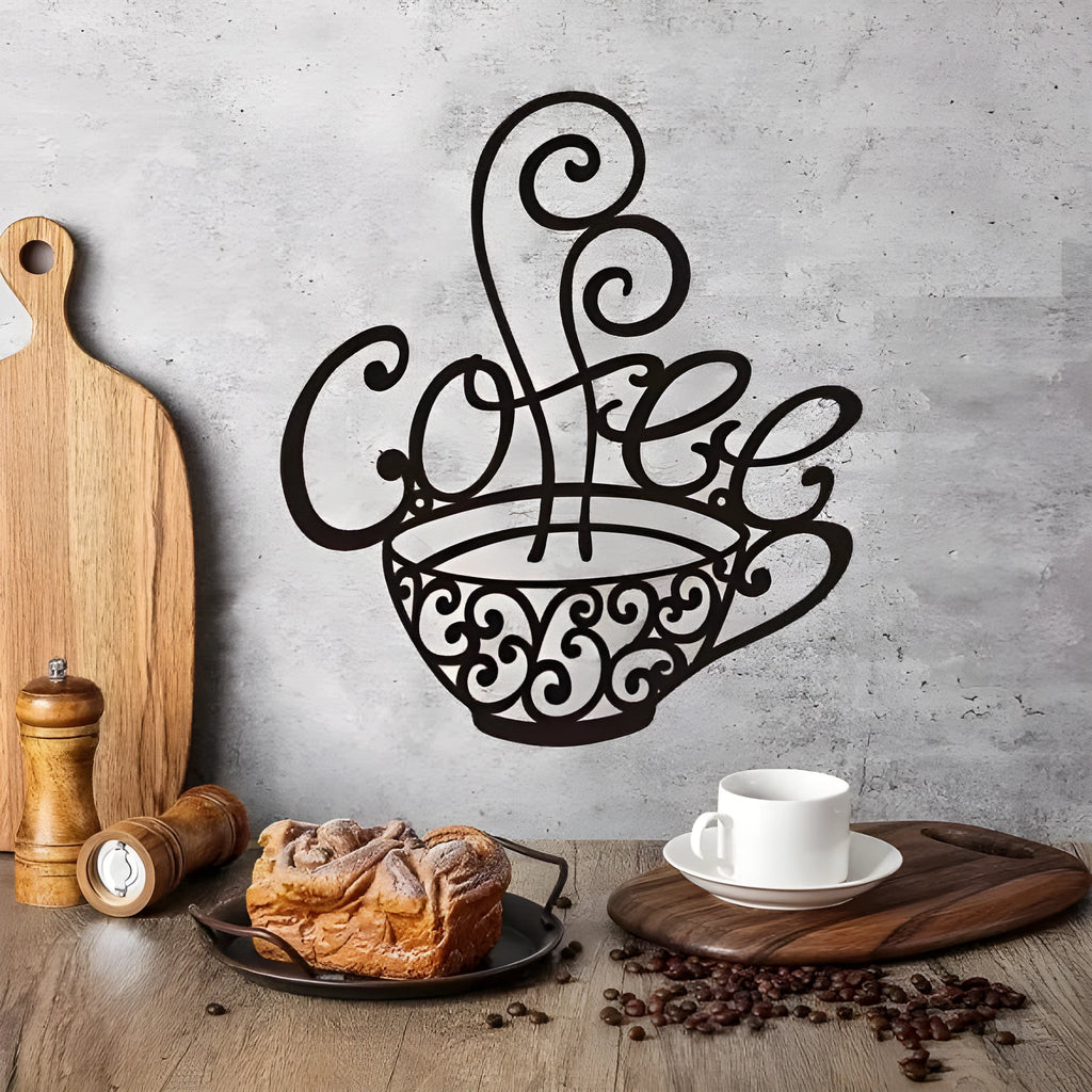 Black wrought iron silhouette wall ornament with contemporary design measuring 26x28cm
