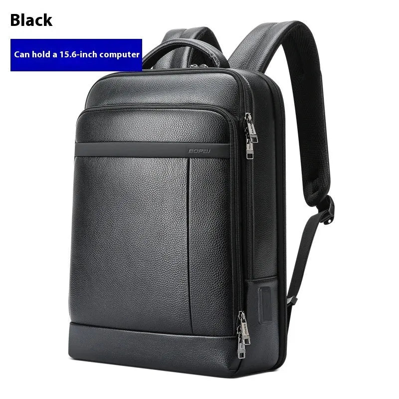 Black leather commuter backpack with USB interface and curved shoulder straps