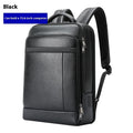 Black leather commuter backpack with USB interface and curved shoulder straps