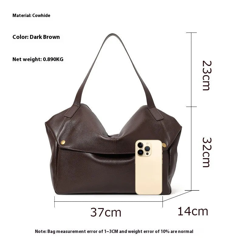 Brown genuine leather women's shoulder bag with horizontal square shape and interior zippered pocket