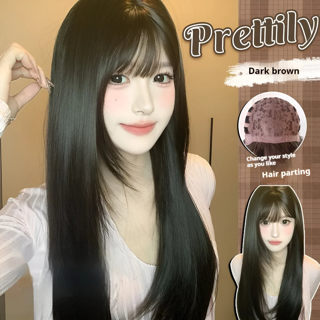 Dark brown long straight hair wig with bangs on a wig stand, full-head design, high temperature fibre
