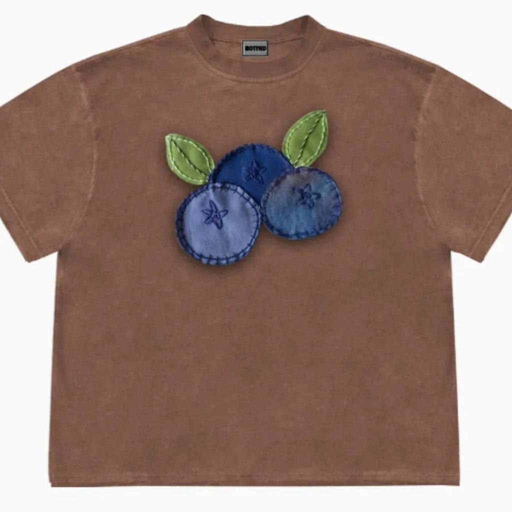 Loose fit blueberry patchwork short sleeve T-shirt with floral patterns on Ice Oxygen Cotton fabric.
