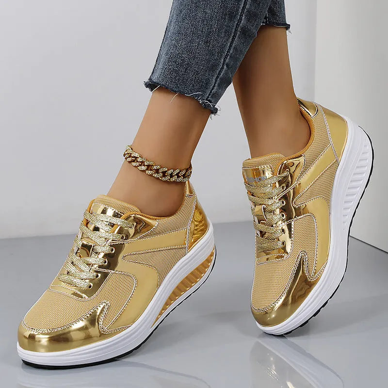 Women's breathable mesh elevator shoes with thick bottom, cross strap, round toe, available in gold and silver