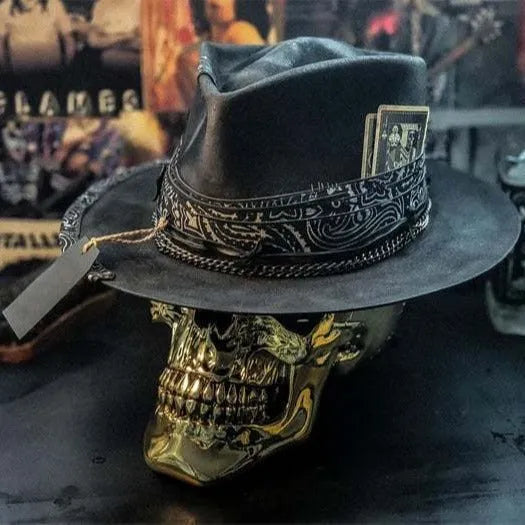 Handmade Halloween skull hat in wool felt and denim with conical crown shape
