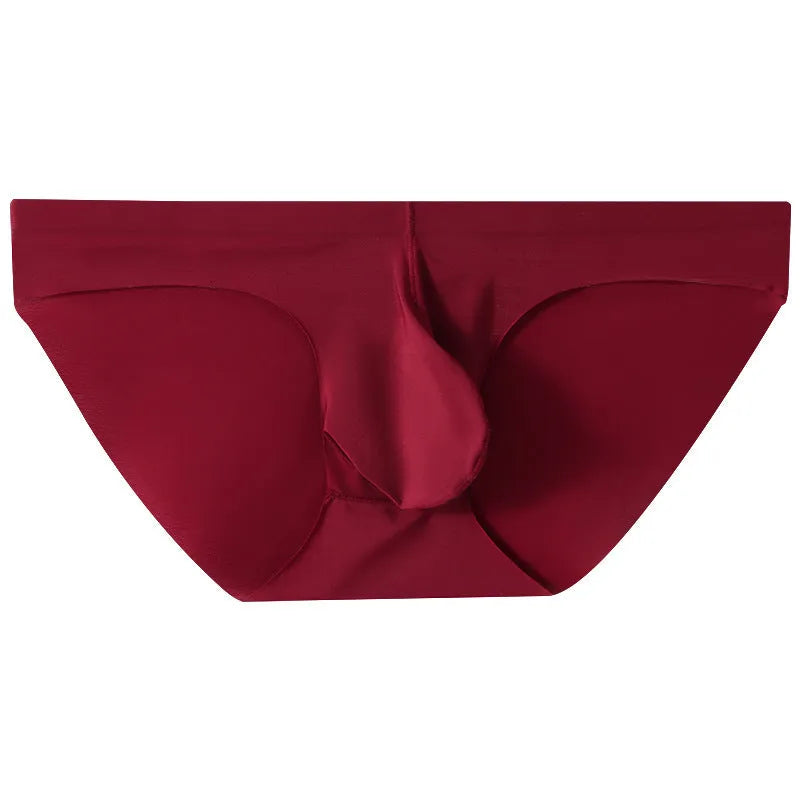Men's black ice silk seamless briefs with a mid waist and supportive pouch design.