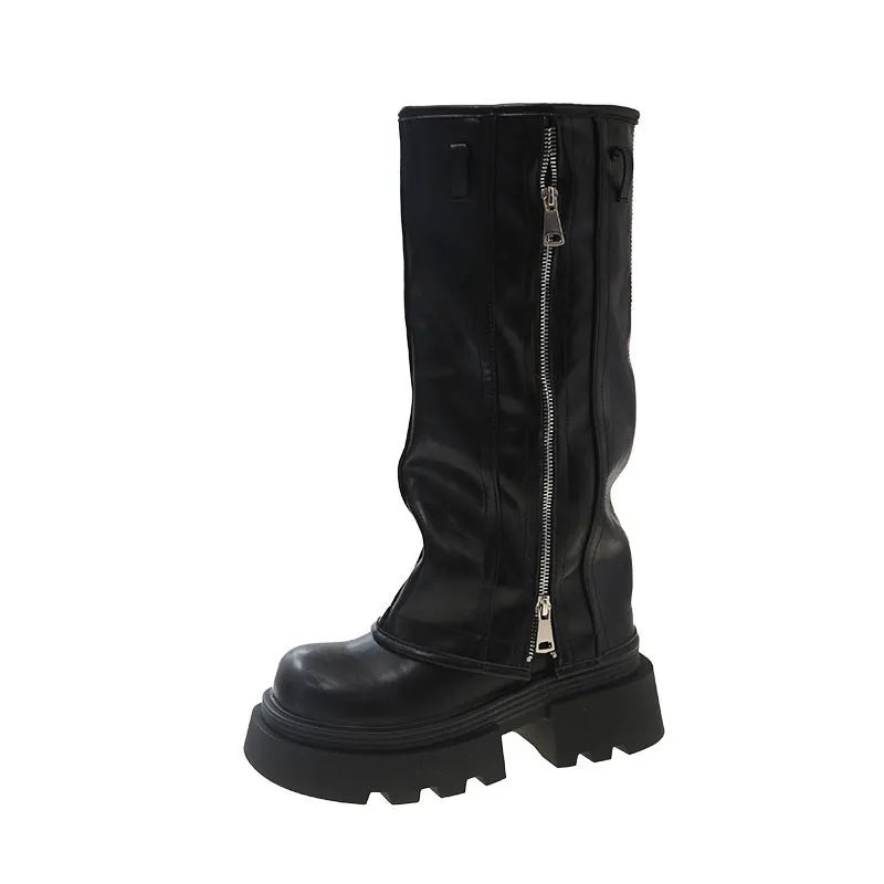 Black Platform Muffin Pants Martin Boots with square heel and high cylinder socks on a neutral background