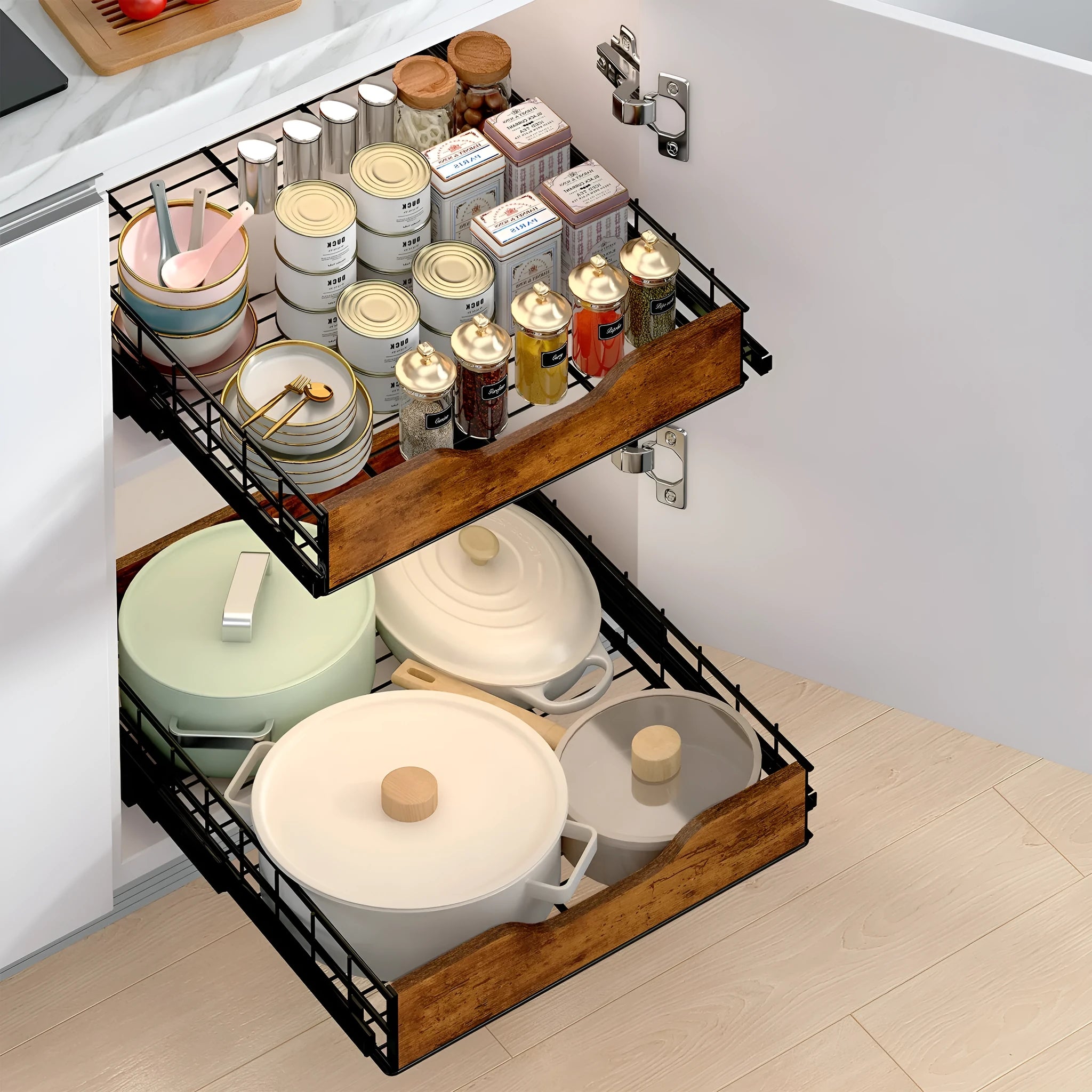 Black wood and iron storage rack with pull basket design for kitchen organisation.