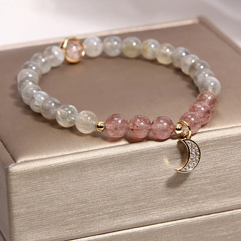 Multi-layer natural pearl and strawberry quartz crystal bracelet with jinsi jade gourd pendant for women