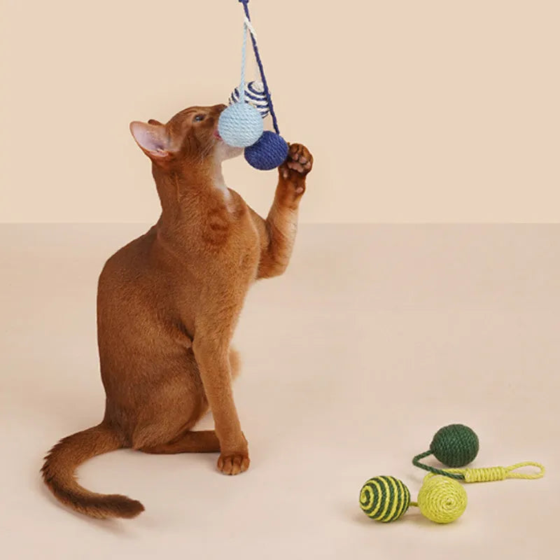 Cat toy set with blue green red yellow wand and bite-resistant catnip ball