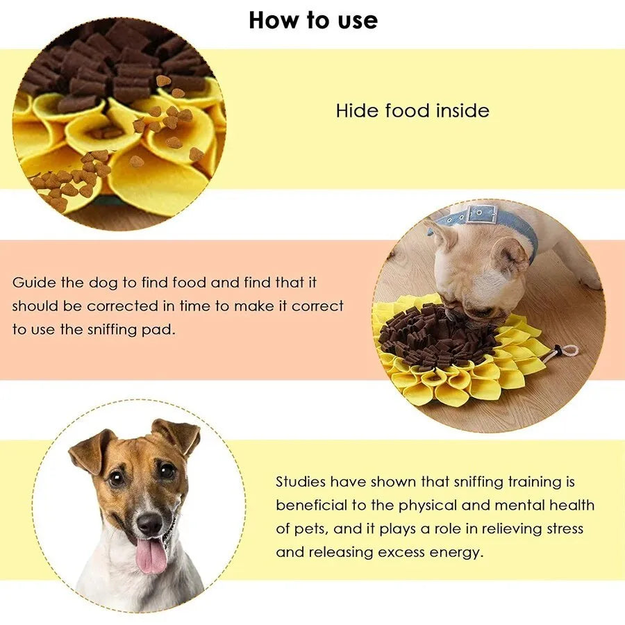 Yellow sunflower-shaped non-slip dog snuffle mat with fleece layers for slow feeding and nosework training