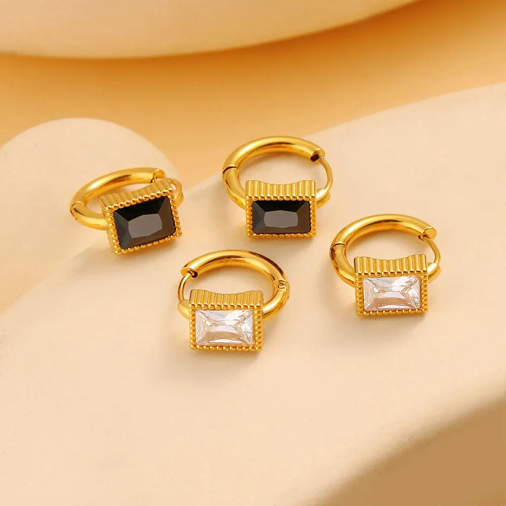 Square zircon stainless steel earrings in geometric design, available in white, black, or green electroplated colours.
