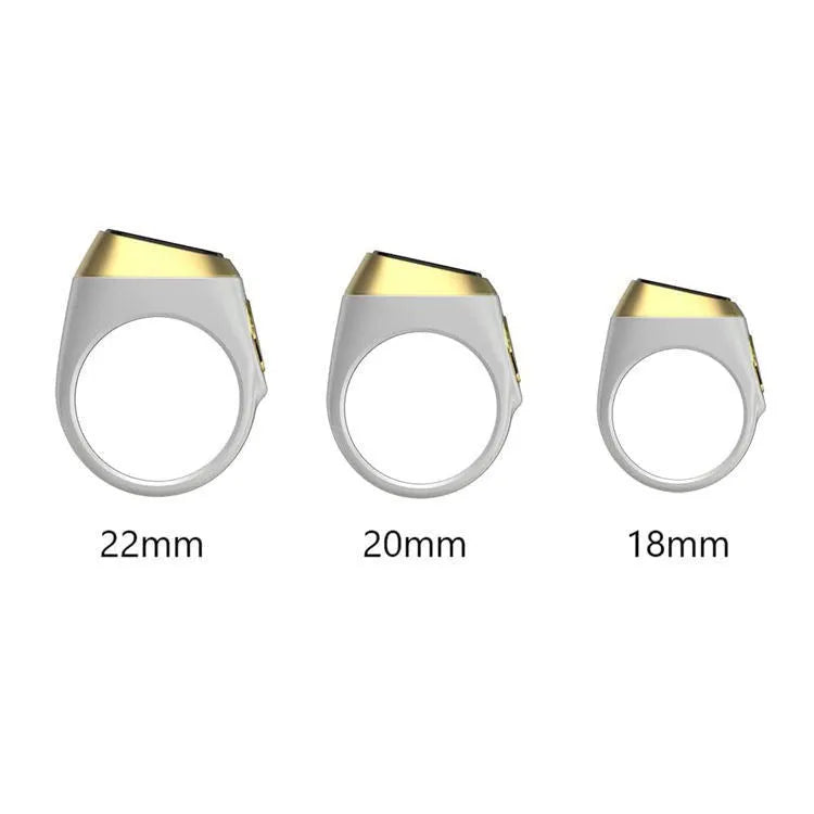 Zikr1 silver metal smart ring for Tasbih counting on a finger, showing its OLED display and single button.