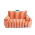 Striped soft velvet dog bed with a removable washable cover in orange, purple, or yellow.