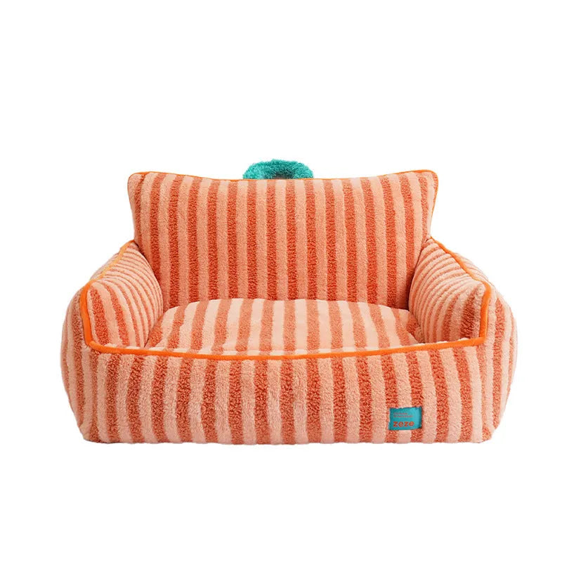 Striped soft velvet dog bed with a removable washable cover in orange, purple, or yellow.
