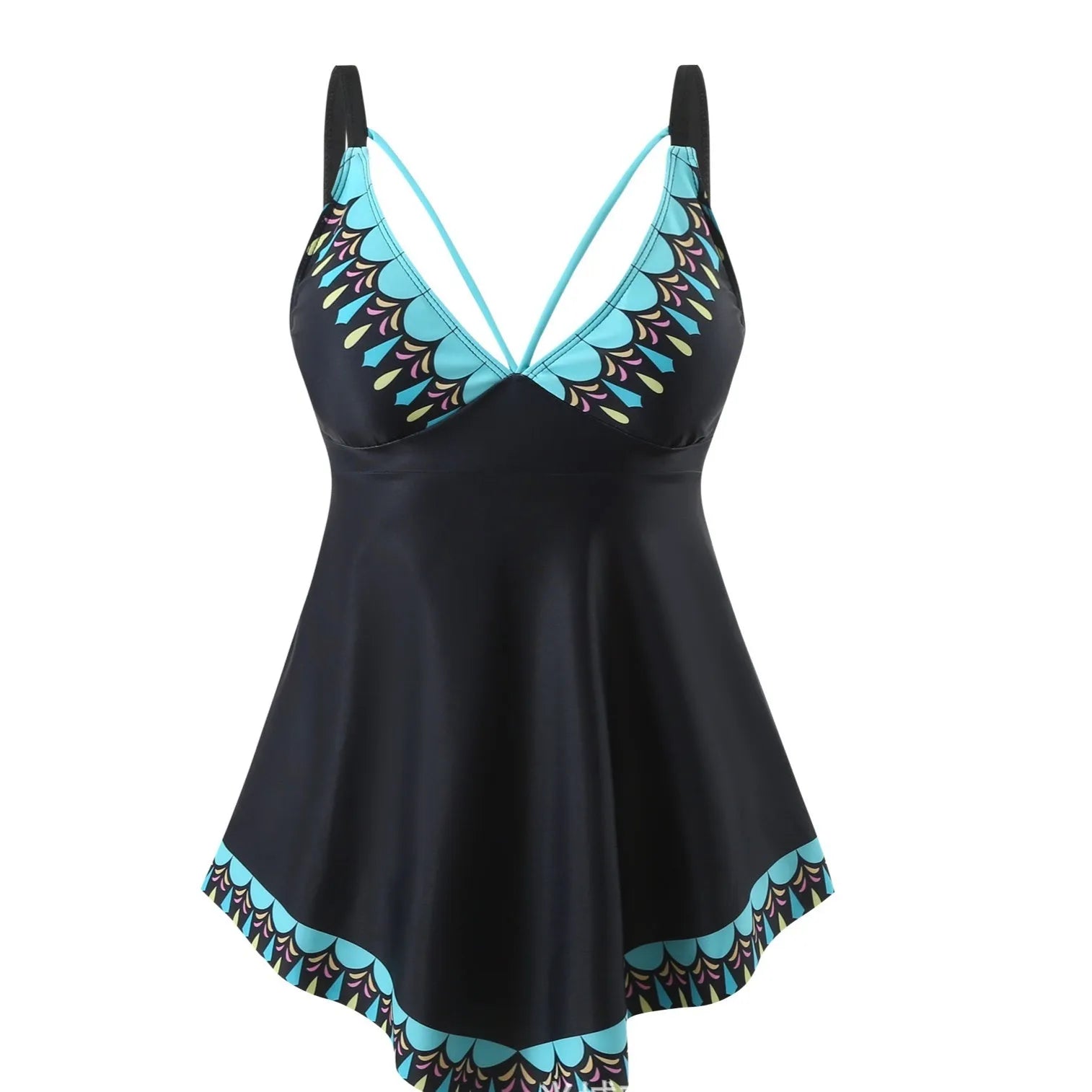 Plus size green two-piece bikini swimsuit on a mannequin, showing the briefs style and sleeveless top.
