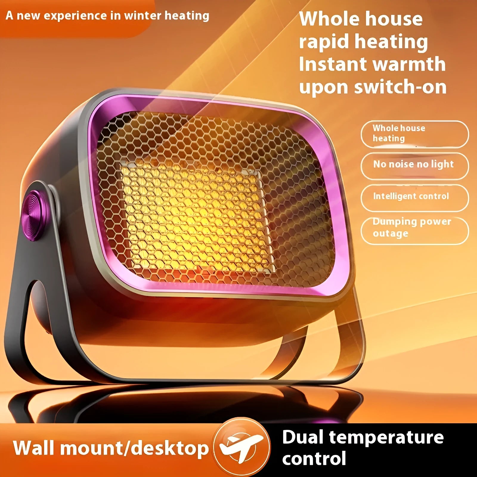 Compact desktop PTC ceramic heater in grey colour with rotatable design and two-speed controls