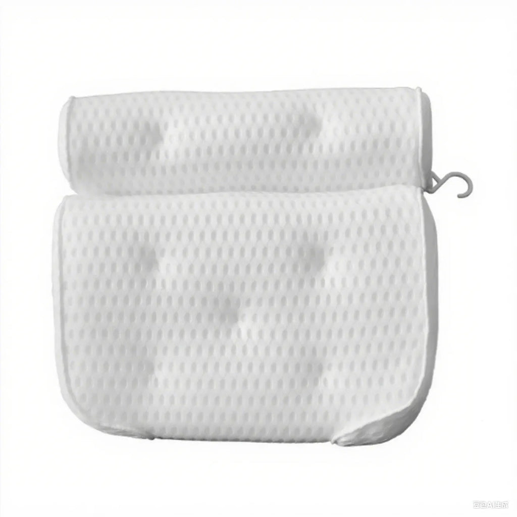 White bathtub pillow with 4D mesh construction and 7 suction cups measuring 37x34cm