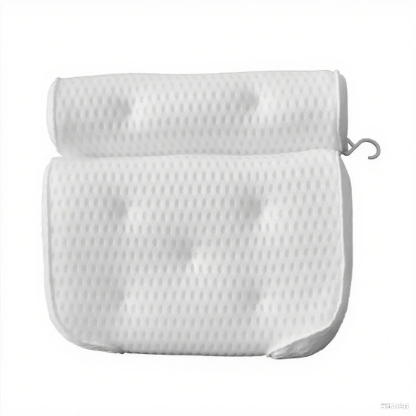 White bathtub pillow with 4D mesh construction and 7 suction cups measuring 37x34cm