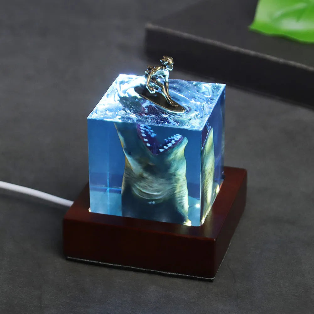 Ocean shark surfer micro landscape night light ornament made of epoxy resin and plastic, 5cm or 8cm size with lamp holder, modern simple style