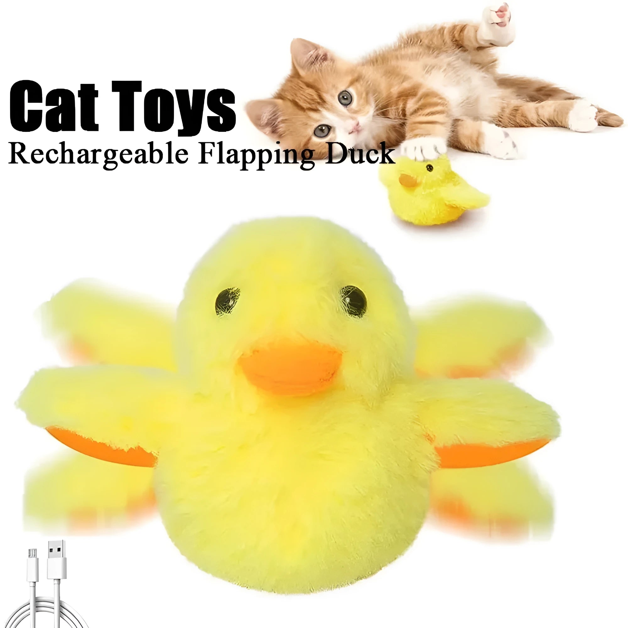 Yellow flapping duck cat toy with USB charging cable for interactive play