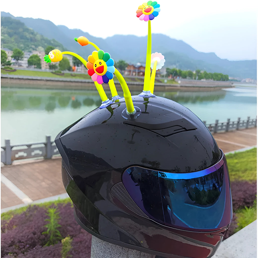 Silicone sunflower helmet decoration with suction cup attachment on motorcycle helmet