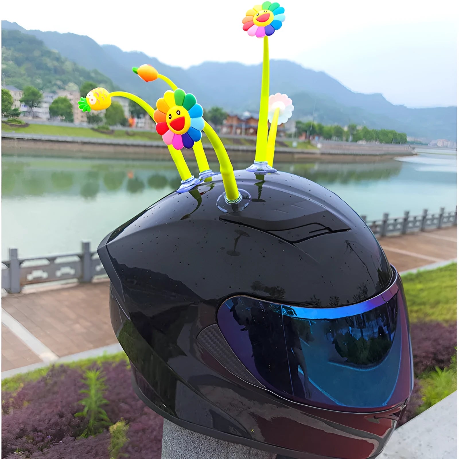 Silicone sunflower helmet decoration with suction cup attachment on motorcycle helmet