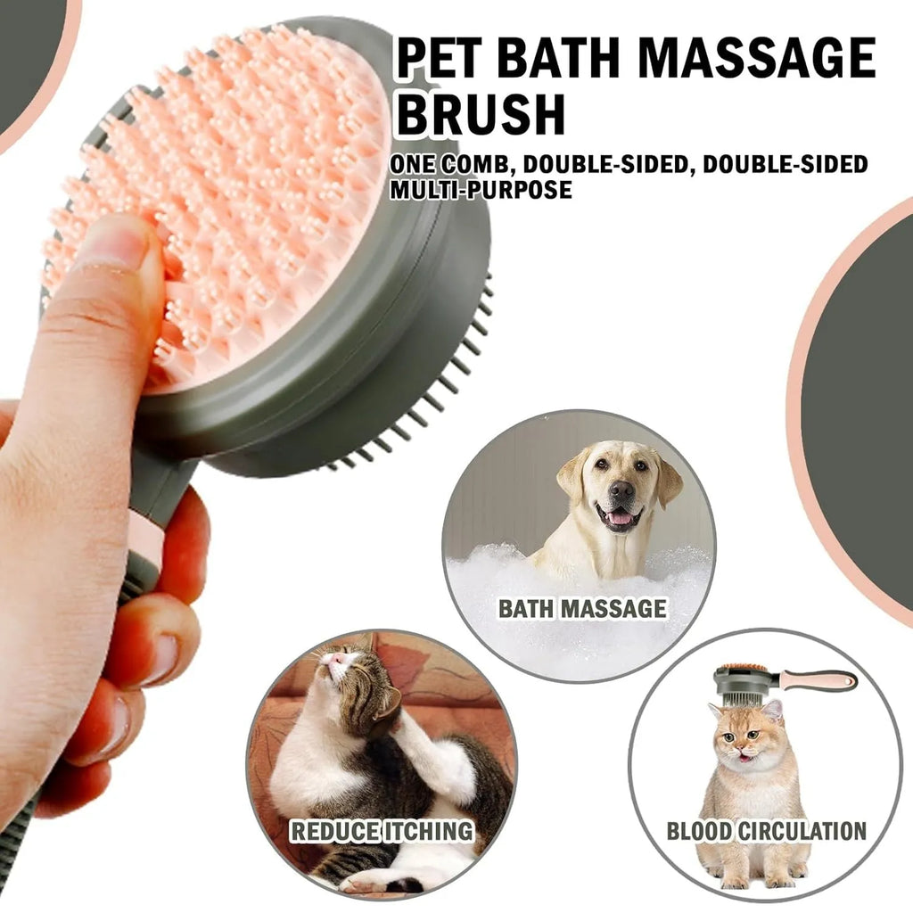 Pink and green dual-sided cat grooming brush with flea comb and release button