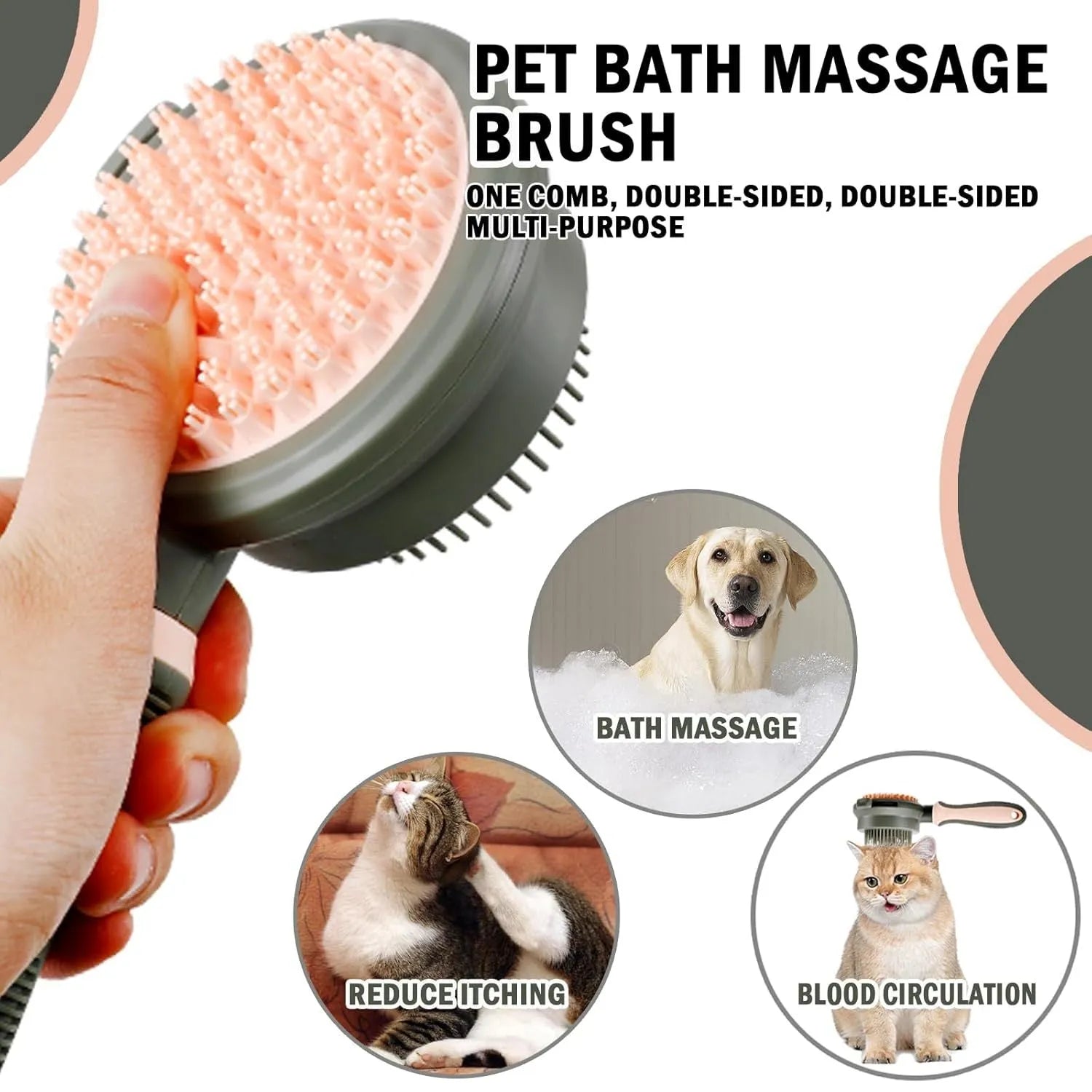 Pink and green dual-sided cat grooming brush with flea comb and release button