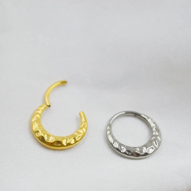 Titanium alloy concave-convex nose ring with carved design in gold or silver finish