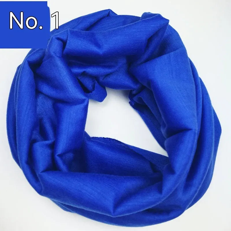 Polyester magic headscarf for outdoor sports shown in multiple colours on free size mannequin