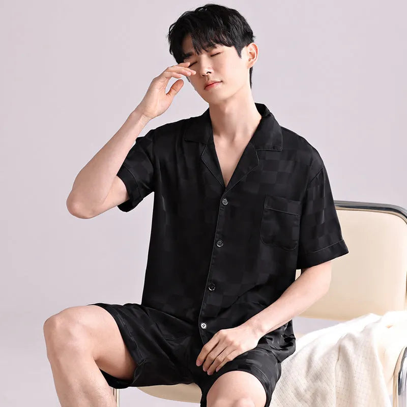 Men's ice silk pyjama set with cardigan top and short trousers in satin jacquard pattern