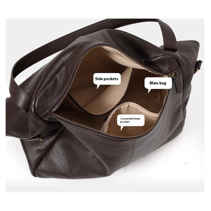 Brown genuine leather women's shoulder bag with horizontal square shape and interior zippered pocket