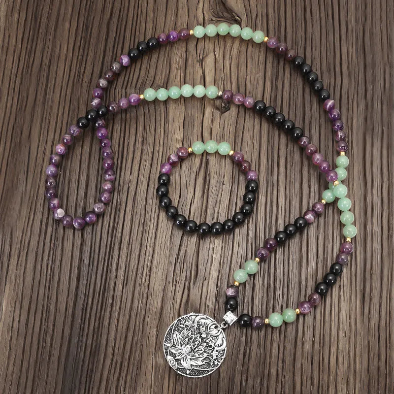 Dongling Long yoga lotus pendant necklace with stone bead chain and matching bracelet