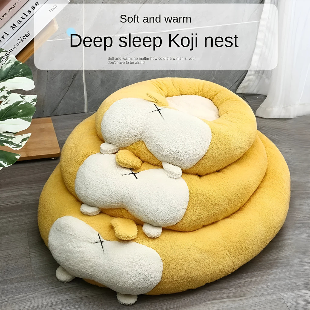 Corgi shaped plush pet bed in size L for dogs and cats, with PP cotton filling.