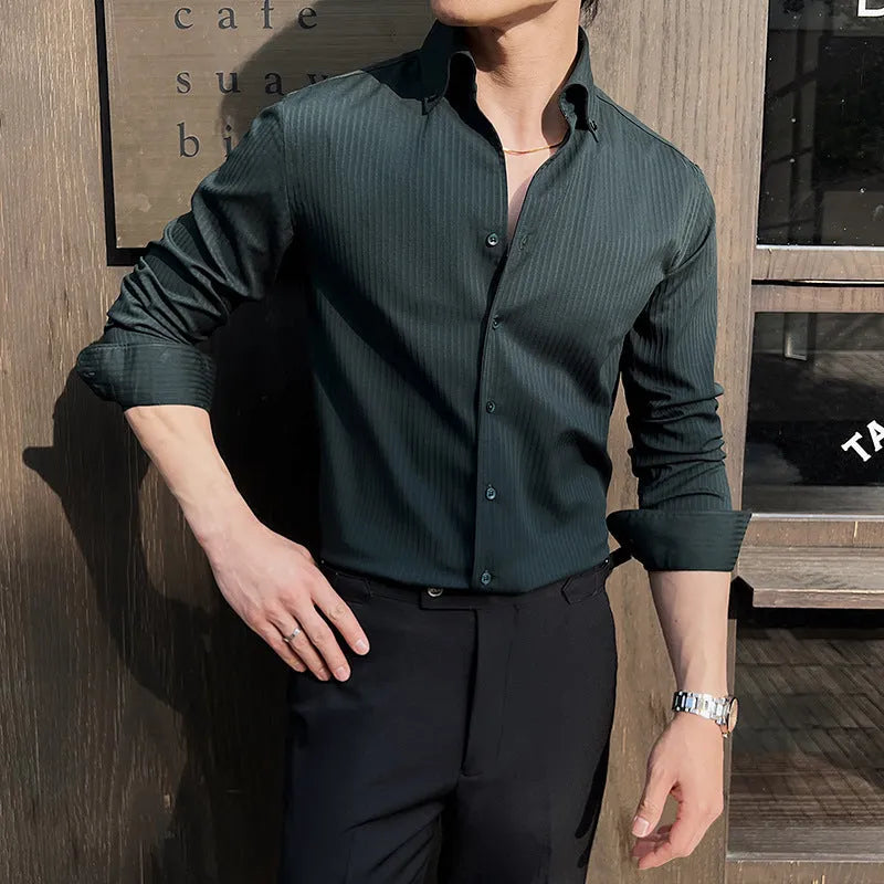 Men's dark striped V-neck long sleeve shirt in chemical fibre blend fabric