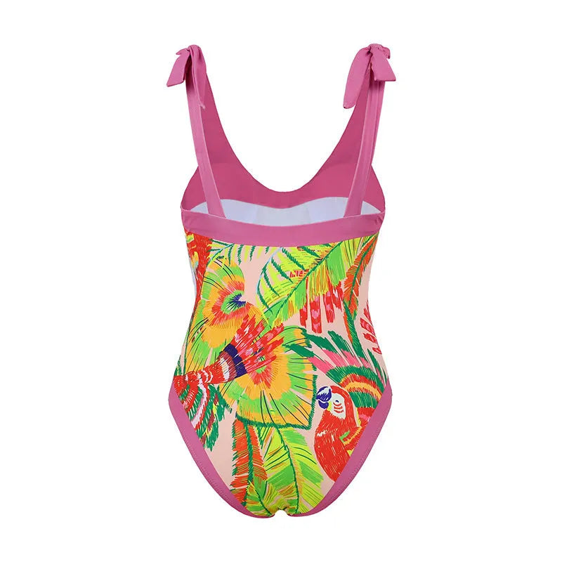 Retro pink floral print one-piece swimsuit for women with V-neck, tummy control and attached skirt