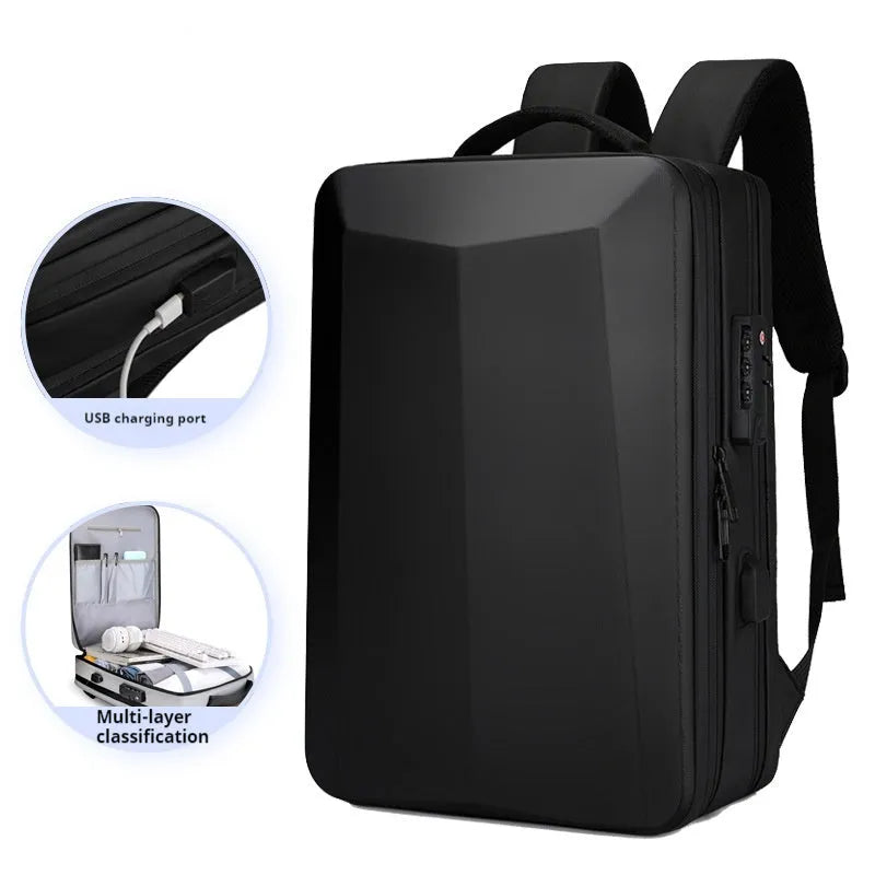 Black and silver white waterproof ABS PC business backpack with Oxford cloth panels and curved shoulder straps