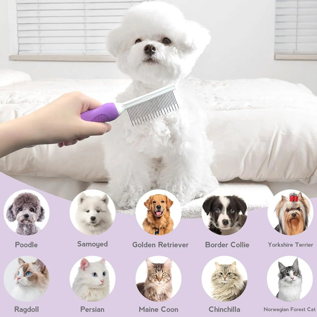 Purple handled pet grooming comb with stainless steel teeth for detangling dog and cat hair.