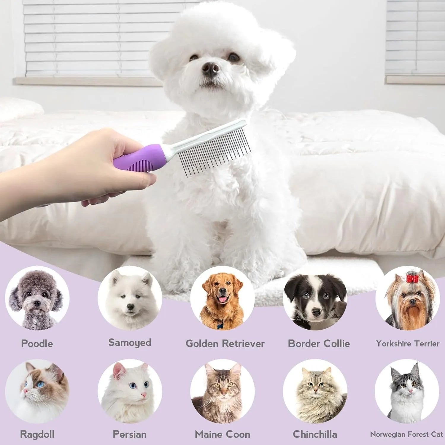 Purple handled pet grooming comb with stainless steel teeth for detangling dog and cat hair.