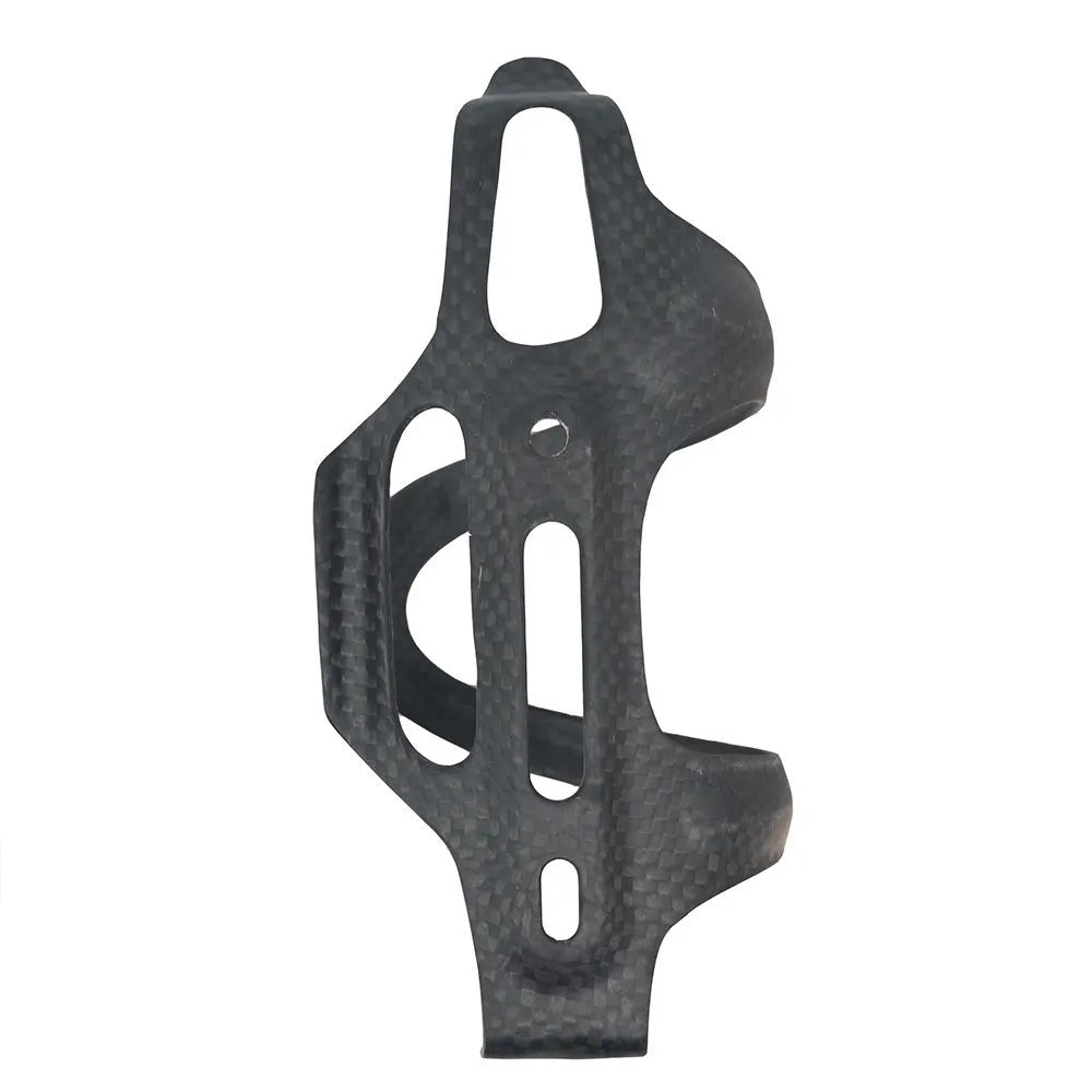 Black all-carbon fibre side pull water bottle cage for bicycles, showing mounting holes.