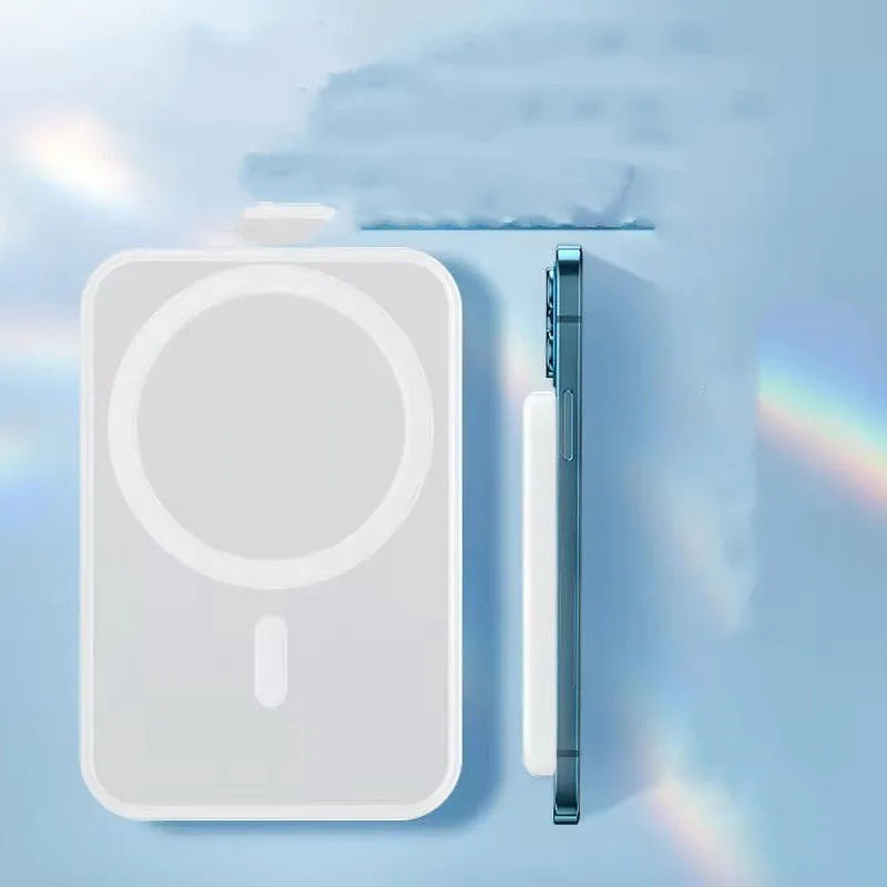 Magnetic wireless charger power bank with 5000mAh capacity and creative PVC shell in white colour